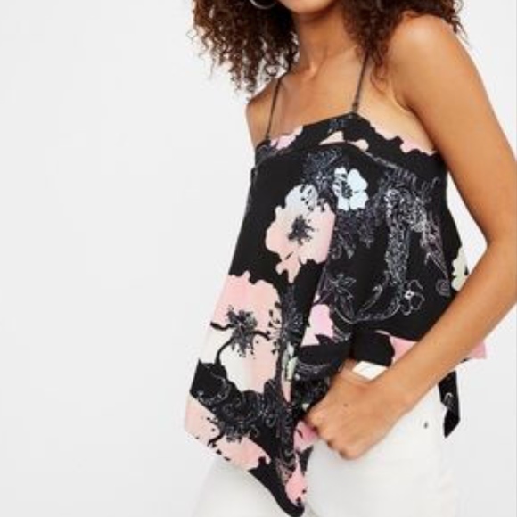 Free People Tops - {FREE PEOPLE} Black Floral Asymmetrical Tank Top